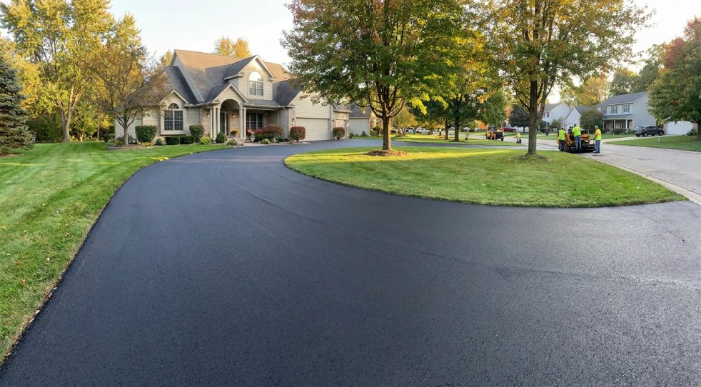 Freshly paved asphalt driveway at a suburban home with landscaping and workers nearby