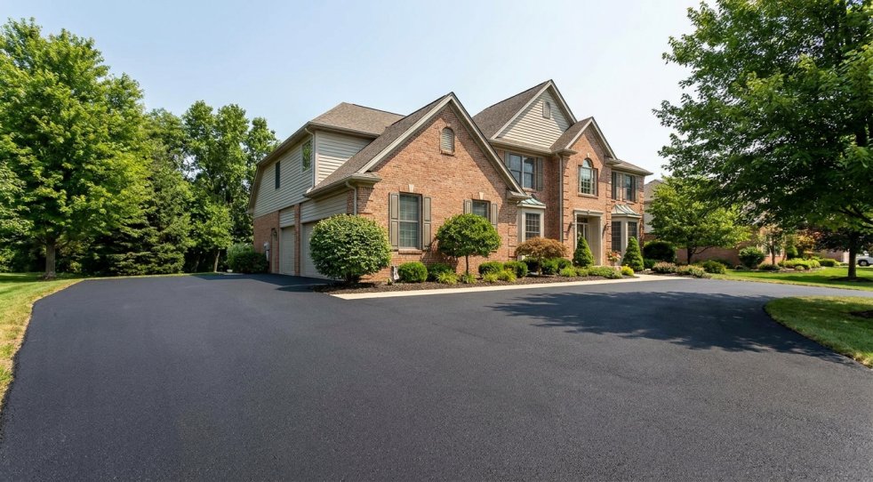 New blacktop driveway at a brick home with landscaped yard and trees